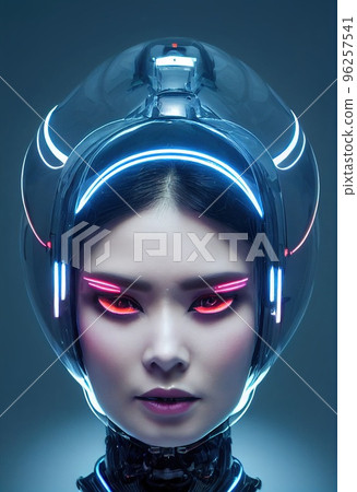 A fictional person, not based on a real person. Portrait of a sci-fi cyberpunk girl. High-tech futuristic woman from the future. The concept of virtual reality and cyberpunk. 3D render. 96257541