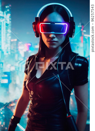 A fictional person, not based on a real person. Portrait of a sci-fi cyberpunk girl. High-tech futuristic woman from the future. The concept of virtual reality and cyberpunk. 3D render. 96257543