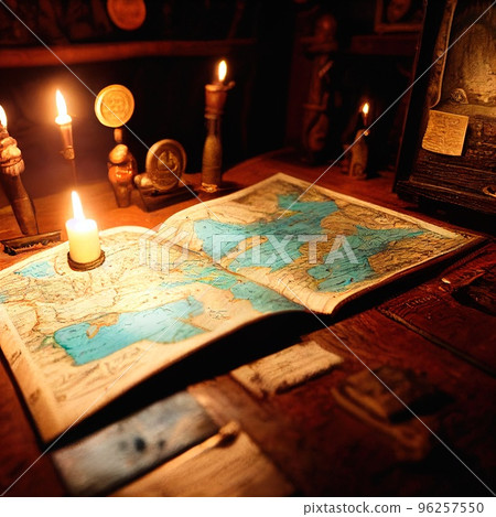 An ancient pirate map in the cabin of a pirate ship. Image of an ancient ancient pirate map. An ancient paper pirate scroll. 3d rendering 96257550