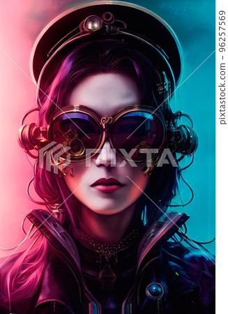 A fictional person, not based on a real person. Portrait of a sci-fi cyberpunk girl. High-tech futuristic woman from the future. The concept of virtual reality and cyberpunk. 3D render. A fictional person, not based on a real person. Portrait of a sci-fi cyberpunk girl. High-tech futuristic woman from the future. The concept of virtual reality and cyberpunk. 3D render. 96257569