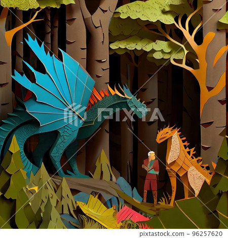 Portrait of a beautiful formidable legendary dragon. Paper Dragon crafts. Image of an ancient dragon. 3d rendering 96257620