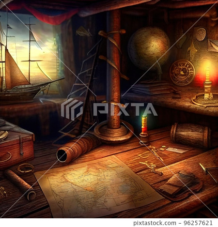 An ancient pirate map in the cabin of a pirate ship. Image of an ancient ancient pirate map. An ancient paper pirate scroll. 3d rendering An ancient pirate map in the cabin of a pirate ship. Image of an ancient ancient pirate map. An ancient paper pirate scroll. 3d rendering 96257621
