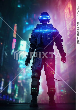A fictional person, not based on a real person. Portrait of a sci-fi cyberpunk man. High-tech futuristic man from the future. The concept of virtual reality and cyberpunk. 3D render. 96257628
