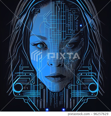 A fictional person, not based on a real person. Portrait of a sci-fi cyberpunk girl. High-tech futuristic woman from the future. The concept of virtual reality and cyberpunk. 3D render. 96257629