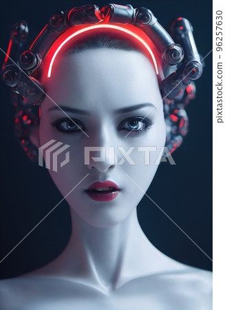 A fictional person, not based on a real person. Portrait of a sci-fi cyberpunk girl. High-tech futuristic woman from the future. The concept of virtual reality and cyberpunk. 3D render. 96257630