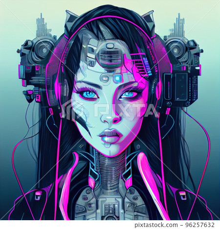 A fictional person, not based on a real person. Portrait of a sci-fi cyberpunk girl. High-tech futuristic woman from the future. The concept of virtual reality and cyberpunk. 3D render. 96257632