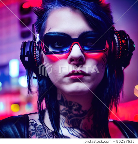 A fictional person, not based on a real person. Portrait of a sci-fi cyberpunk girl. High-tech futuristic woman from the future. The concept of virtual reality and cyberpunk. 3D render. A fictional person, not based on a real person. Portrait of a sci-fi cyberpunk girl. High-tech futuristic woman from the future. The concept of virtual reality and cyberpunk. 3D render. 96257635