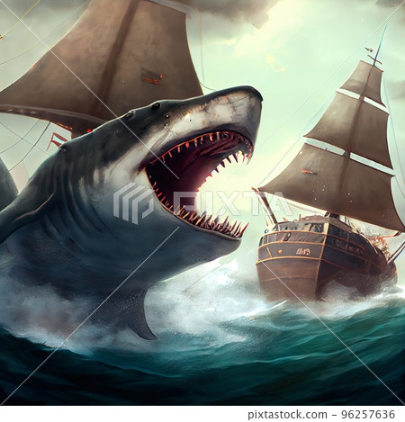 A big menacing shark attacks a seagoing vessel. 3D rendering 96257636