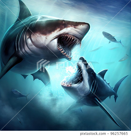 The battle of the two big menacing sharks in the ocean. The Bloody Scramble of the Terrible Sharks. 3D rendering The battle of the two big menacing sharks in the ocean. The Bloody Scramble of the Terrible Sharks. 3D rendering 96257665