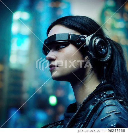 A fictional person, not based on a real person. Portrait of a sci-fi cyberpunk girl. High-tech futuristic woman from the future. The concept of virtual reality and cyberpunk. 3D render. 96257666