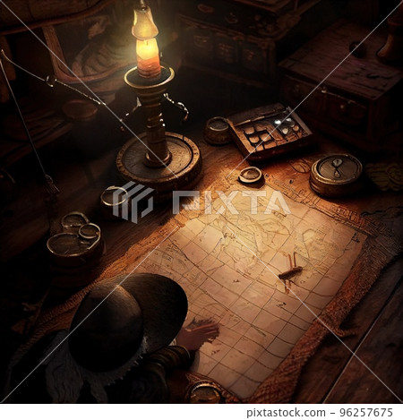 An ancient pirate map in the cabin of a pirate ship. Image of an ancient ancient pirate map. An ancient paper pirate scroll. 3d rendering An ancient pirate map in the cabin of a pirate ship. Image of an ancient ancient pirate map. An ancient paper pirate scroll. 3d rendering 96257675