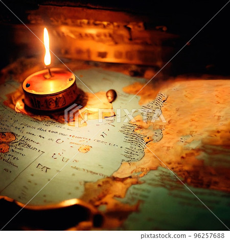 An ancient pirate map in the cabin of a pirate ship. Image of an ancient ancient pirate map. An ancient paper pirate scroll. 3d rendering An ancient pirate map in the cabin of a pirate ship. Image of an ancient ancient pirate map. An ancient paper pirate scroll. 3d rendering 96257688