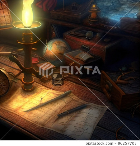 An ancient pirate map in the cabin of a pirate ship. Image of an ancient ancient pirate map. An ancient paper pirate scroll. 3d rendering An ancient pirate map in the cabin of a pirate ship. Image of an ancient ancient pirate map. An ancient paper pirate scroll. 3d rendering 96257705
