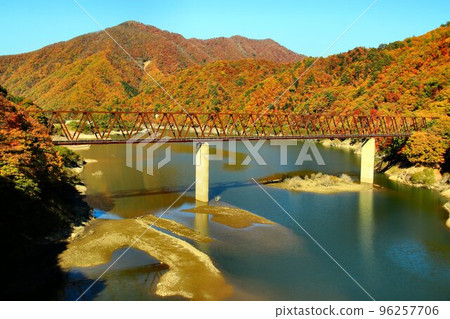 Lake Ikuri with autumn foliage burning... Take the train to Minamiaizu Yagan Railway and Ikuri Bridge 96257706