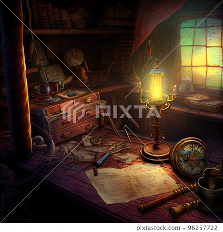 An ancient pirate map in the cabin of a pirate ship. Image of an ancient ancient pirate map. An ancient paper pirate scroll. 3d rendering An ancient pirate map in the cabin of a pirate ship. Image of an ancient ancient pirate map. An ancient paper pirate scroll. 3d rendering 96257722