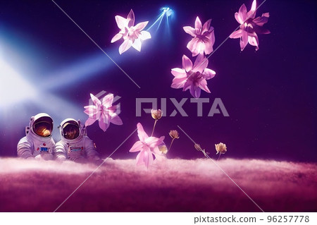A fictional person, not based on a real person. Two astronauts in love in a flower field. High-tech astronauts from the future. The concept of space travel. 3D rendering 96257778