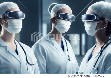 Female nurses in masks and virtual goggles. Nurses from the future. 3D rendering 96257780