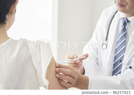 A doctor who vaccinates a middle-aged woman Faceless 96257821