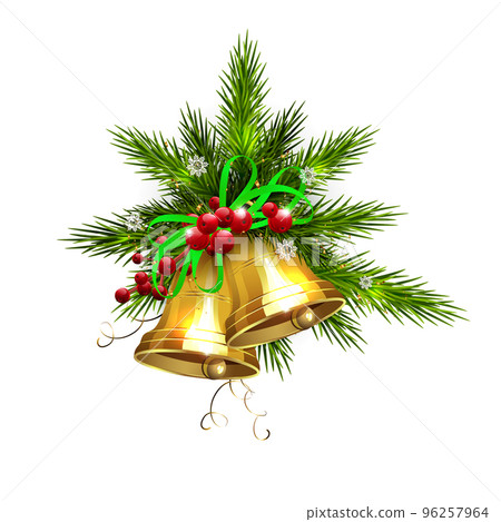 Christmas illustration isolated coniferous wreath with golden bells 96257964