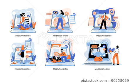 Meditation online metaphor. Practicing yoga, mental exercises. Wellness practice to restore peace of mind Meditation online metaphor. Practicing yoga, mental exercises. Wellness practice to restore peace of mind 96258059
