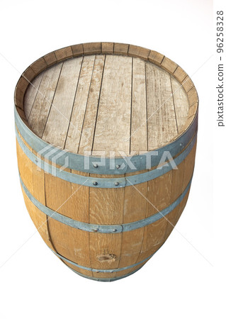 Old shabby wooden beer barrel with gray metal rings isolated on white background. side and top view 96258328