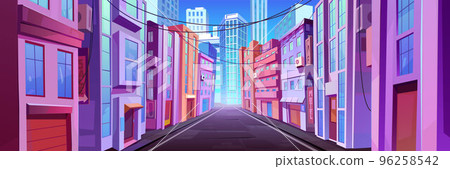 City street with houses and skyscrapers 96258542