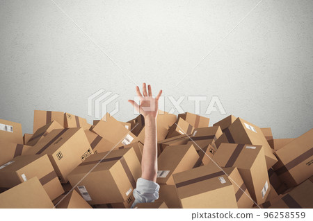 Man buried by a stack of cardboard boxes. 3D Rendering Man buried by a stack of cardboard boxes. 3D Rendering 96258559