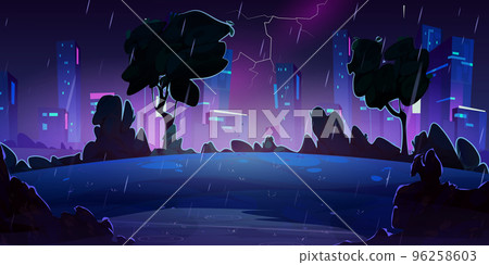 Night thunderstorm with rain and lightning in city - Stock Illustration ...
