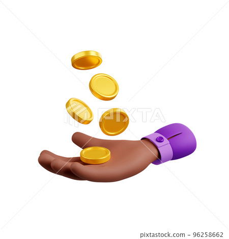 3d render black hand with gold coins fall on palm 3d render black hand with gold coins fall on palm 96258662