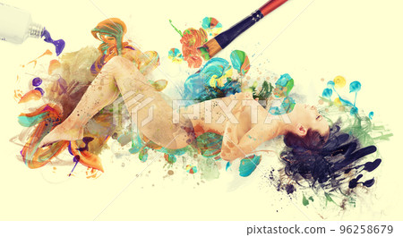 Woman artwork picture. naked woman painted by brush Woman artwork picture. naked woman painted by brush 96258679