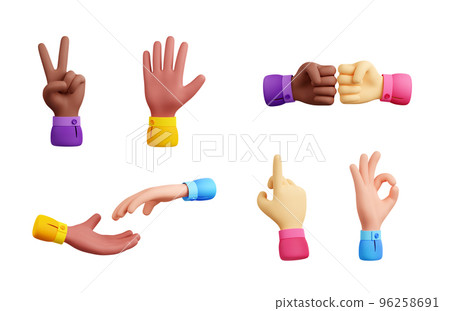 3D set of multiethnic hand gestures on white 96258691