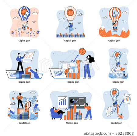 Capital gain metaphor, net income, monetary profit, growing graph up. Economic growth, income from investment Capital gain metaphor, net income, monetary profit, growing graph up. Economic growth, income from investment 96258808