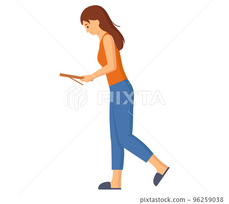 Person holding wooden frame in hands. Woman hanging picture on wall. Moving things in new house 96259038