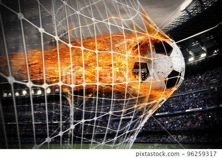 Soccer fireball scores a goal on the net Soccer fireball scores a goal on the net 96259317