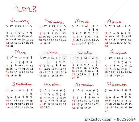 2028年簡單手繪日曆 96259584