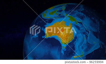 Earth globe zoomed and focused on Australia continent. Day side of Earth without clouds illuminated by sunshine and stars of universe on background. Elements of this image furnished by NASA 96259994