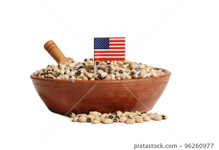 Uncooked Black Eyed Peas in Bowl With American Flag Isolated on White Background Uncooked Black Eyed Peas in Bowl With American Flag Isolated on White Background 96260977