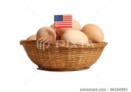 Basket of Farm Fresh Eggs With Flag of United States Isolated on White Background Basket of Farm Fresh Eggs With Flag of United States Isolated on White Background 96260991
