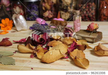 Rose Petals and Dried Lavender With Crystals and Petrified Wood Rose Petals and Dried Lavender With Crystals and Petrified Wood 96261006