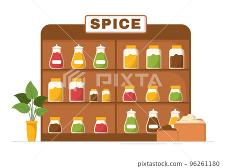 Spice Shop with Different Hot Spices, Condiment, Exotic Fresh Seasoning and Traditional Herbs in Flat Cartoon Hand Drawn Templates Illustration 96261180