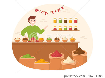 Spice Shop with Different Hot Spices, Condiment, Exotic Fresh Seasoning and Traditional Herbs in Flat Cartoon Hand Drawn Templates Illustration 96261188