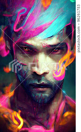 Portrait of a men in a futuristic cyberpunk style in neon clothes. A  high-tech man