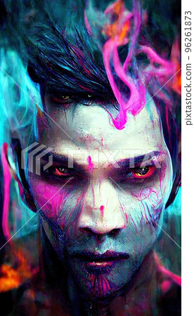 Portrait of a men in a futuristic cyberpunk style in neon clothes. A  high-tech man