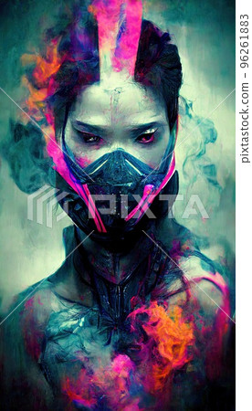 Portrait of a girl in a futuristic cyberpunk style in neon clothes. A high-tech man from the future. The concept of virtual reality and cyberpunk. Perfect for phone wallpaper or for posters. Portrait of a girl in a futuristic cyberpunk style in neon clothes. A high-tech man from the future. The concept of virtual reality and cyberpunk. Perfect for phone wallpaper or for posters. 96261883