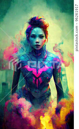 Portrait of a girl in a futuristic cyberpunk style in neon clothes. A high-tech man from the future. The concept of virtual reality and cyberpunk. Perfect for phone wallpaper or for posters. Portrait of a girl in a futuristic cyberpunk style in neon clothes. A high-tech man from the future. The concept of virtual reality and cyberpunk. Perfect for phone wallpaper or for posters. 96261917