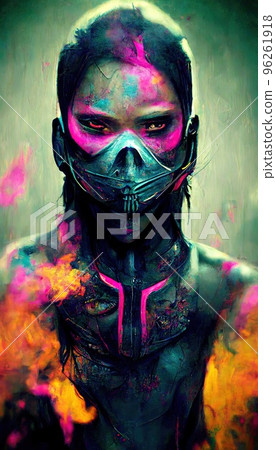 Portrait of a girl in a futuristic cyberpunk style in neon clothes. A high-tech man from the future. The concept of virtual reality and cyberpunk. Perfect for phone wallpaper or for posters. 96261918