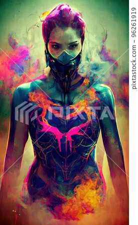 Portrait of a girl in a futuristic cyberpunk style in neon clothes. A high-tech man from the future. The concept of virtual reality and cyberpunk. Perfect for phone wallpaper or for posters. Portrait of a girl in a futuristic cyberpunk style in neon clothes. A high-tech man from the future. The concept of virtual reality and cyberpunk. Perfect for phone wallpaper or for posters. 96261919