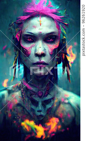Portrait of a girl in a futuristic cyberpunk style in neon clothes. A high-tech man from the future. The concept of virtual reality and cyberpunk. Perfect for phone wallpaper or for posters. 96261920