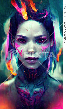 Portrait of a girl in a futuristic cyberpunk style in neon clothes. A high-tech man from the future. The concept of virtual reality and cyberpunk. Perfect for phone wallpaper or for posters. Portrait of a girl in a futuristic cyberpunk style in neon clothes. A high-tech man from the future. The concept of virtual reality and cyberpunk. Perfect for phone wallpaper or for posters. 96261922