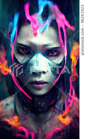 Portrait of a girl in a futuristic cyberpunk style in neon clothes. A high-tech man from the future. The concept of virtual reality and cyberpunk. Perfect for phone wallpaper or for posters. 96261923